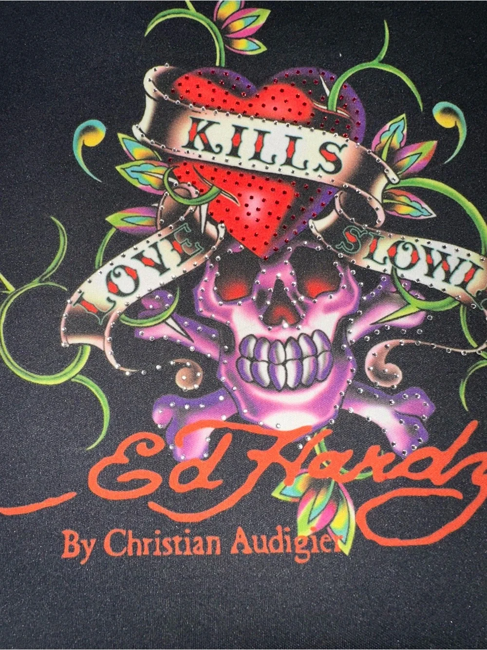 Ed Hardy Black Neoprene Sleeve with Colorful Skull & Heart Graphic Y2K Grunge